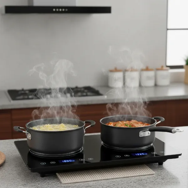 The Amzchef Double Induction Cooktop in use on a kitchen countertop, with two pots heating simultaneously.