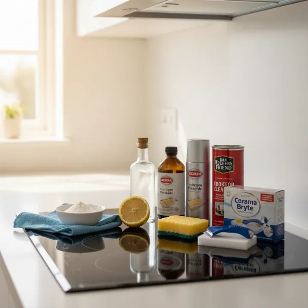 A selection of effective cleaning products for glass cooktops, including DIY ingredients and commercial solutions, arranged neatly on a kitchen counter.