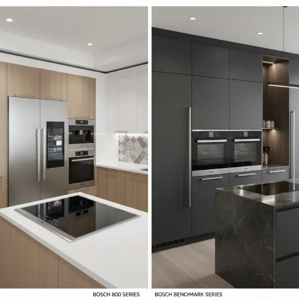 A modern kitchen featuring side-by-side Bosch 800 Series and Bosch Benchmark Series appliances to highlight design differences.