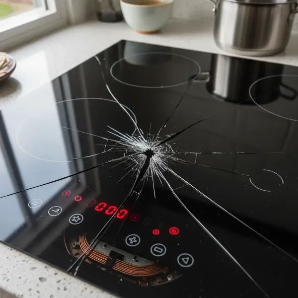 A close-up image of a broken induction cooktop glass top with a visible crack, highlighting the damage.