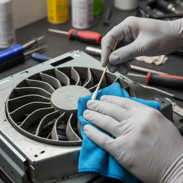 Hands carefully cleaning the blades of a cooktop cooling fan with a cotton swab and cloth