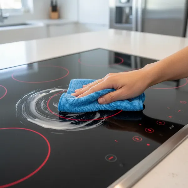A hand wiping down a shiny black induction cooktop surface with a cloth.