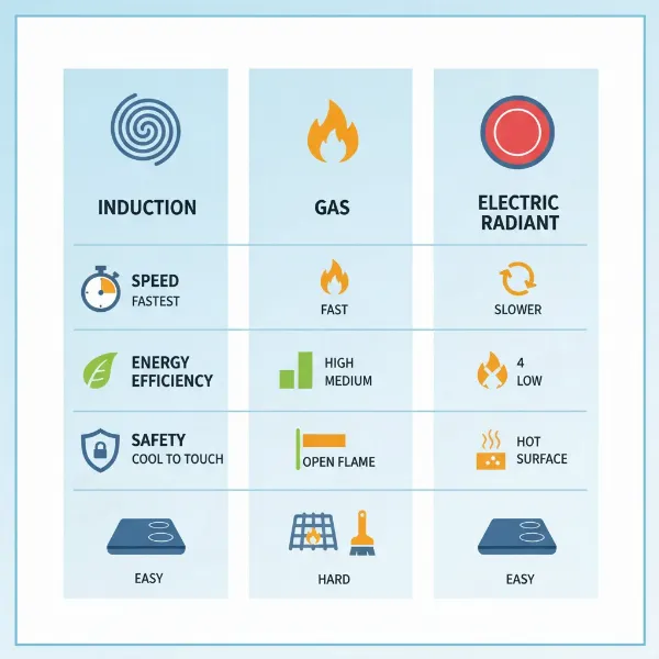An infographic comparing induction, gas, and electric cooktops on various metrics