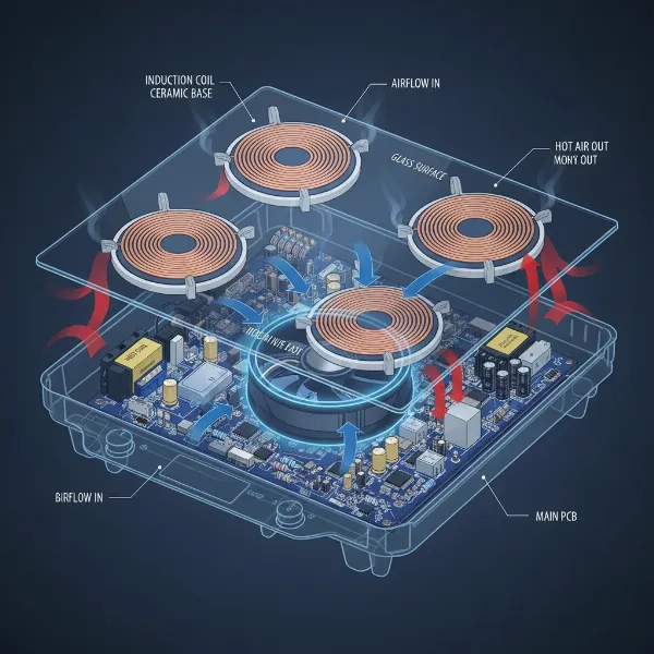 Illustration of a cooktop with its internal cooling fan highlighted for maintenance purposes