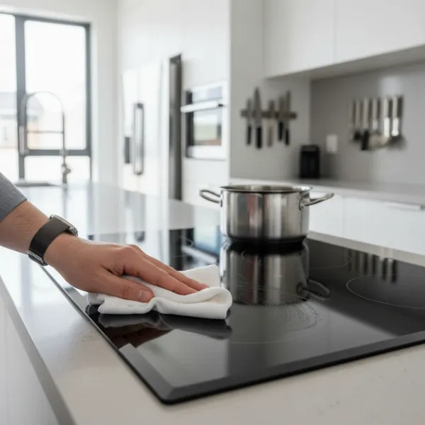 Someone wiping down a cooktop surface after use to prevent grease buildup, as a preventative measure