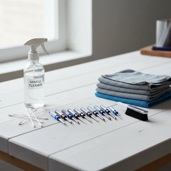 Selection of tools for cleaning a cooktop cooling fan, including brushes, cloths, and screwdrivers