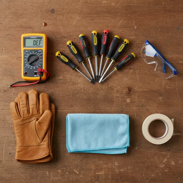 Essential tools laid out for DIY induction cooktop glass replacement, including screwdrivers, multimeter, and safety gear.
