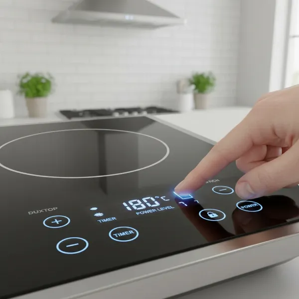 A close-up shot of the Duxtop 9600LS LCD control panel showing precise temperature settings.