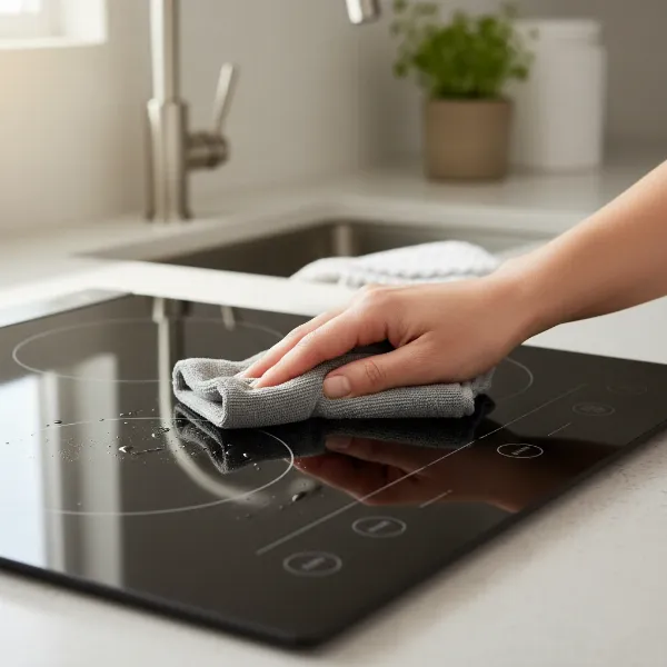 A person gently wiping down a Duxtop LCD Portable Induction Cooktop after use, emphasizing cleanliness and care