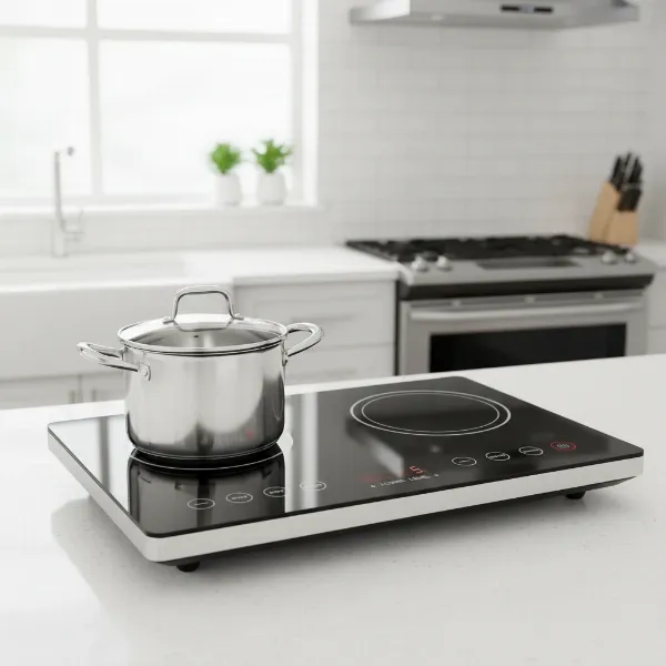 A general overview of a modern Duxtop portable induction cooktop in a kitchen setting.