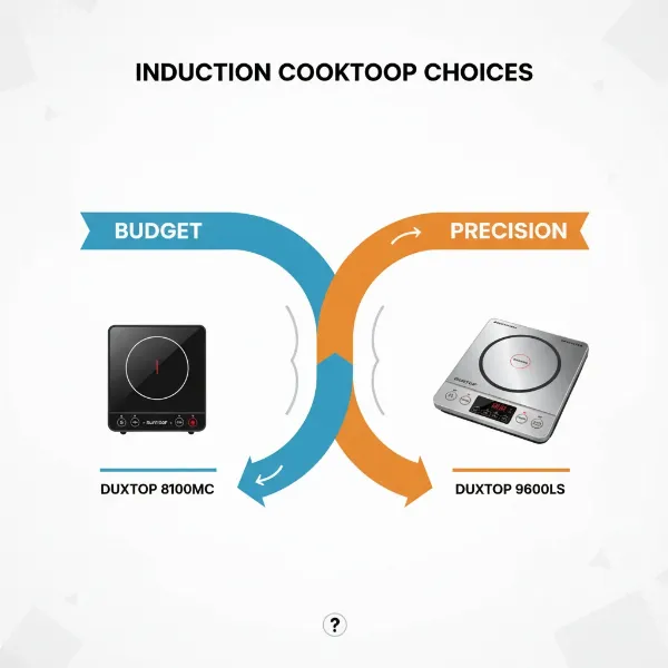 A visual representation of a user choosing between two Duxtop models based on their needs.