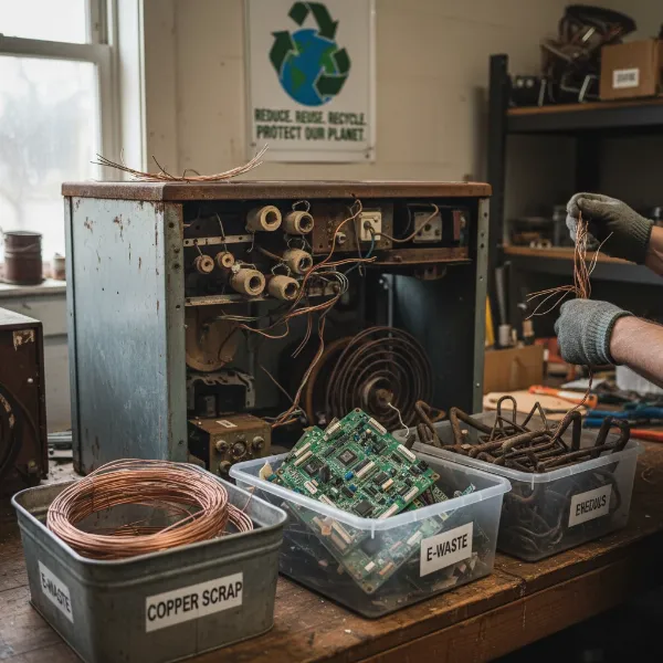 An old electric stove being broken down for recycling, highlighting separated materials like metal and wires, illustrating environmental benefits.