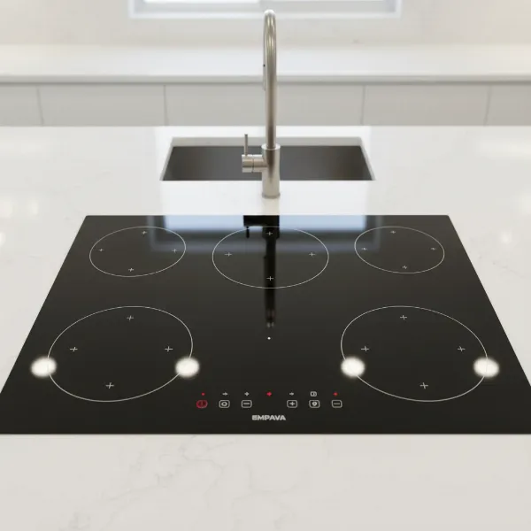 A close-up of the sleek black glass surface of an Empava 36-inch induction cooktop with five cooking zones and touch controls. The surface is reflective, clean, and modern.