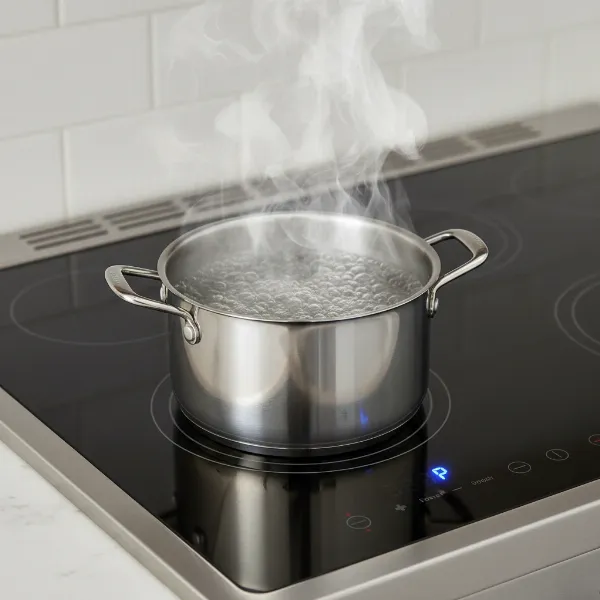 A sleek Frigidaire Gallery 30-inch induction cooktop rapidly boiling water in a stainless steel pot, illustrating cooking speed.