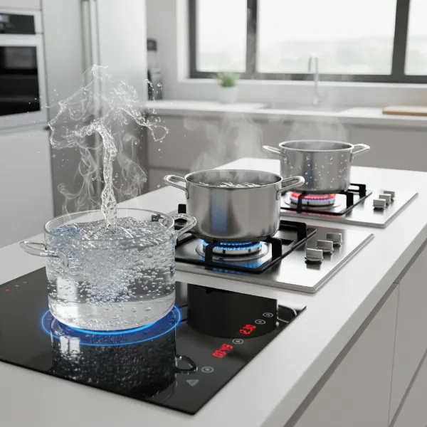 A side-by-side comparison illustrating induction cooktop boiling water significantly faster than gas and electric stoves.