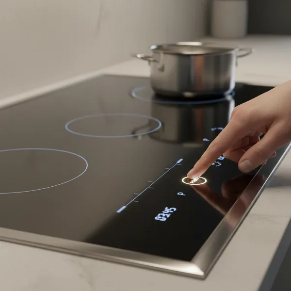 A close-up of an induction cooktop control panel with a finger pressing a power button, indicating a reset action. 