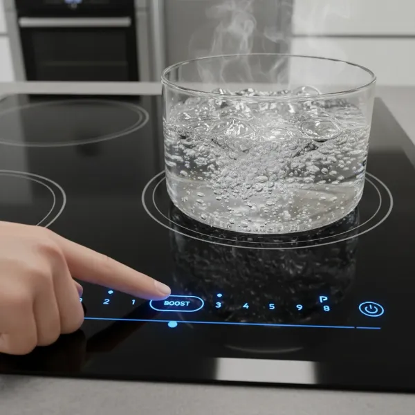 A sleek, modern induction cooktop highlighting its power boost and precise controls for fast boiling.