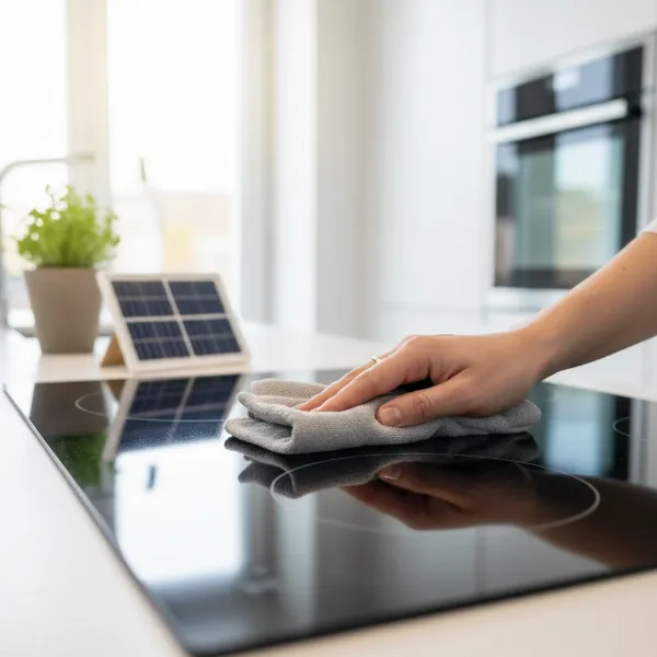 A hand cleaning a sleek induction cooktop surface after use, emphasizing easy maintenance for off-grid kitchens.