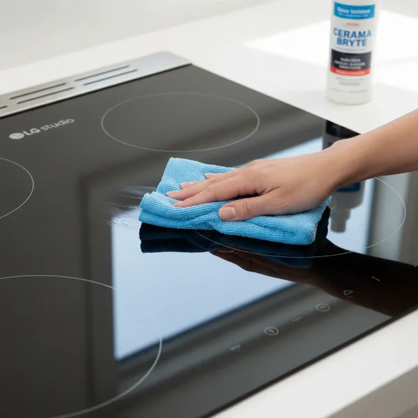 A clean, well-maintained induction cooktop surface with a microfiber cloth and a gentle cleaner, illustrating proper cleaning techniques.