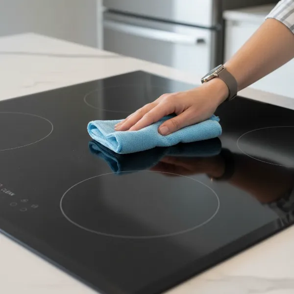 A hand cleaning the sleek glass surface of an induction cooktop with a soft cloth, highlighting its ease of maintenance.