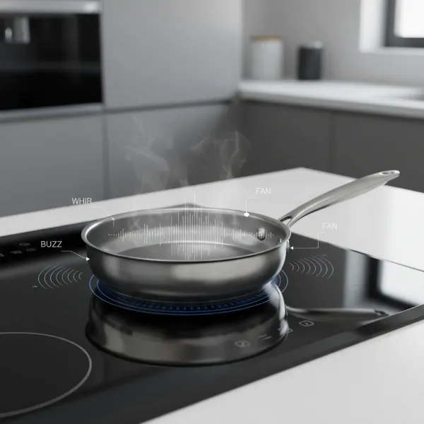 Close-up of an induction cooktop with a subtly humming pan, illustrating normal operational noises like buzzing and fan whirring during cooking in a modern kitchen setting.