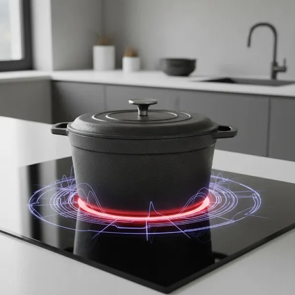 Close-up of an induction cooktop with a visible magnetic field transferring energy to a cooking pot, illustrating the core principle of induction cooking.