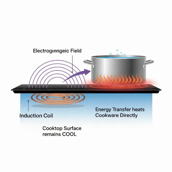 Illustrative diagram showing the electromagnetic principle of an induction cooktop heating a pot.