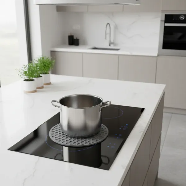 A silicone protective mat laid out on a glass induction cooktop with a pot on top.