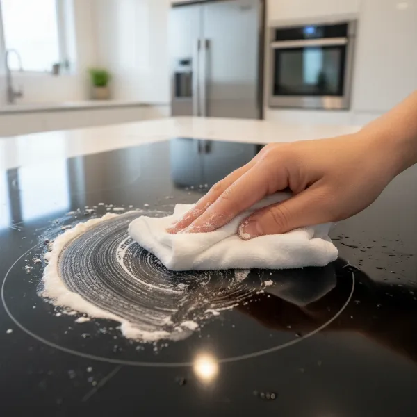 A hand gently rubbing a baking soda paste onto a minor scratch on a glass induction cooktop with a soft microfiber cloth.