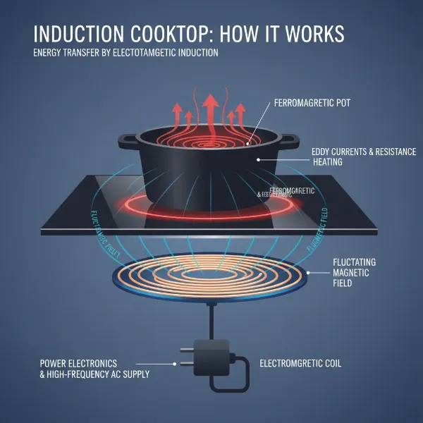 An illustrative diagram of induction cooktop technology showing electromagnetic coils heating a pot directly.