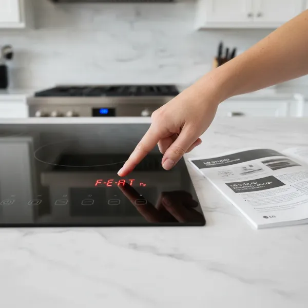A hand pointing to an error code on an induction cooktop, with a user manual open nearby, symbolizing troubleshooting.