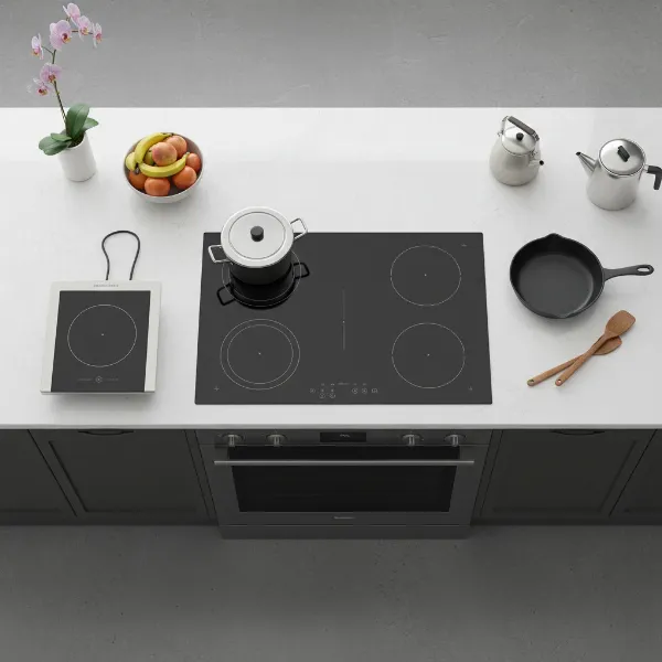 Various types of induction cooktops, illustrating portable, built-in, and range styles with different numbers of burners and flexible cooking zones.