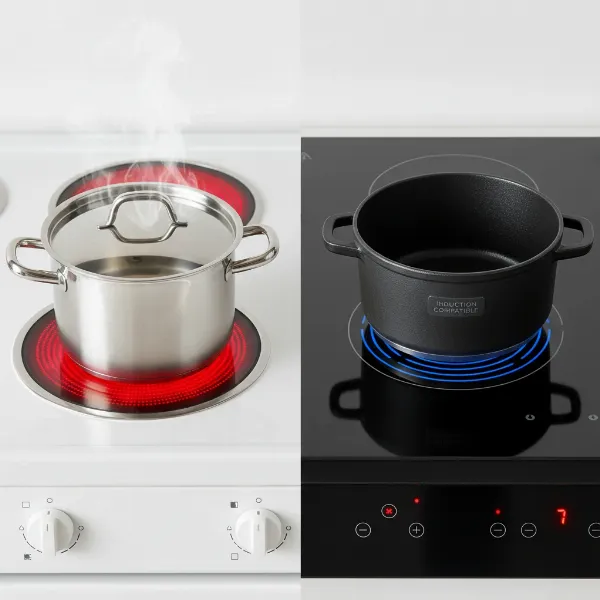 A split image comparing a traditional electric radiant cooktop with glowing red elements and an induction cooktop with a cool, sleek surface and a magnetic pot.
