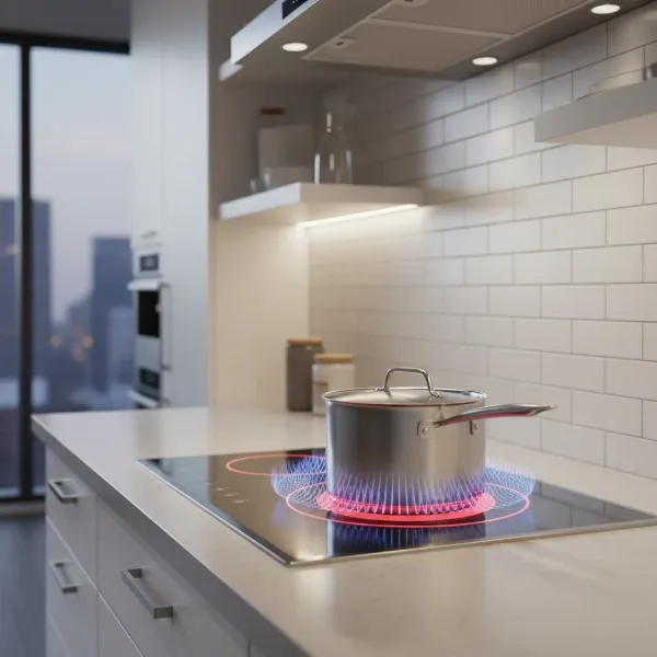 An induction cooktop heating a pot directly using electromagnetic fields for efficient off-grid cooking.