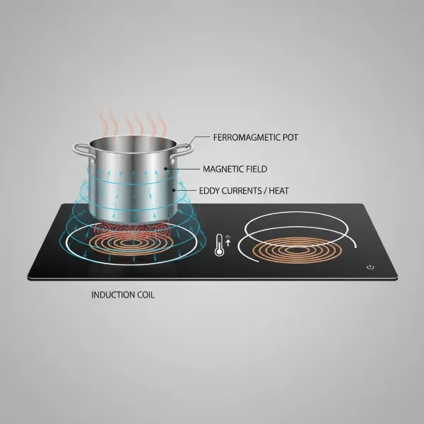 An illustration showing the internal components and working principle of an induction cooktop with magnetic fields heating a pot.