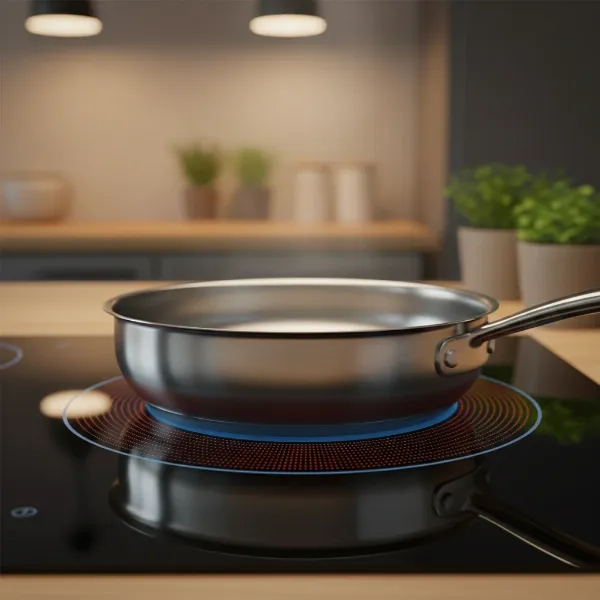 Close-up of an induction cooktop burner with a suitable pan, highlighting the importance of flat bases and proper sizing to prevent hot spots.