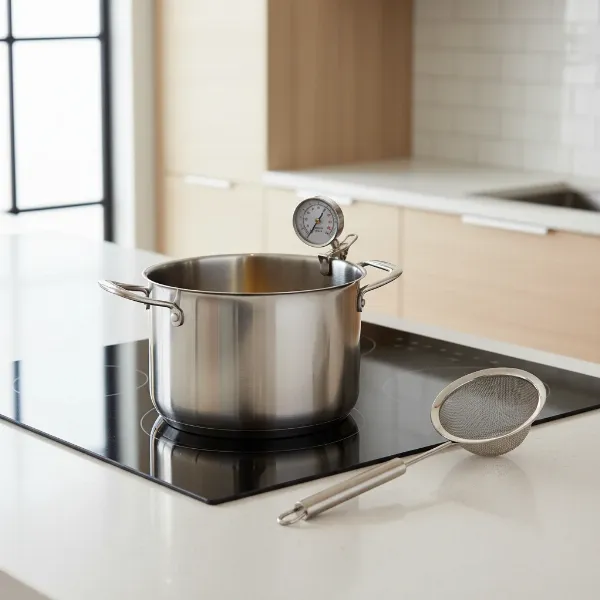 Safe deep frying setup on an induction burner with a thermometer and proper pot