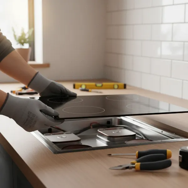 A professional technician or DIYer carefully placing a new, pristine black glass top onto an induction cooktop frame during installation.