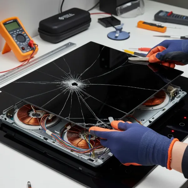 A person wearing protective gloves carefully lifting a damaged glass top from an induction cooktop, revealing internal components.