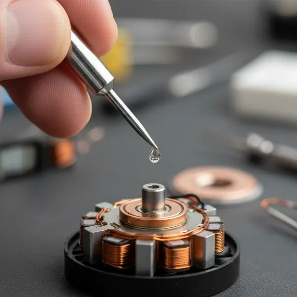 A drop of lubricating oil being applied to the bearing of a disassembled cooktop cooling fan