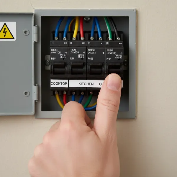 A hand flipping a circuit breaker to the "off" position for kitchen power installation, emphasizing safety.