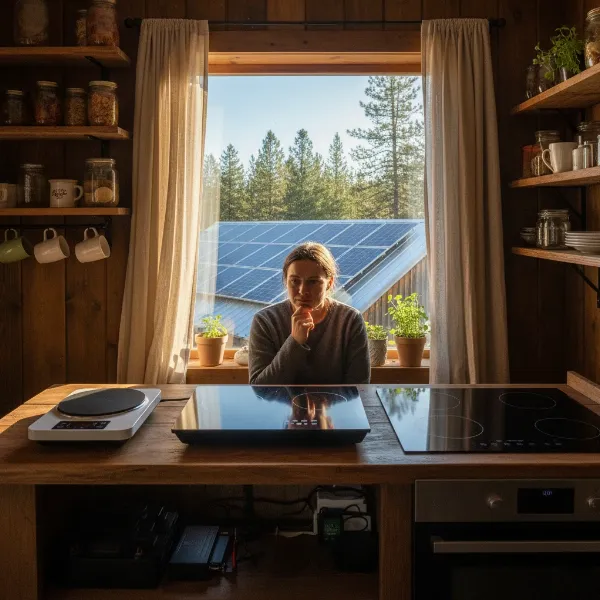 A person evaluating different induction cooktops for their off-grid tiny home kitchen, considering power usage and size.