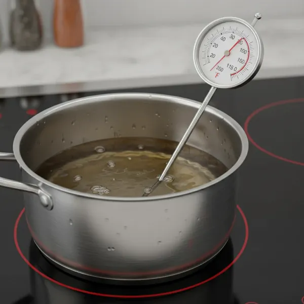 A close-up of a deep-fry thermometer in oil on an induction burner