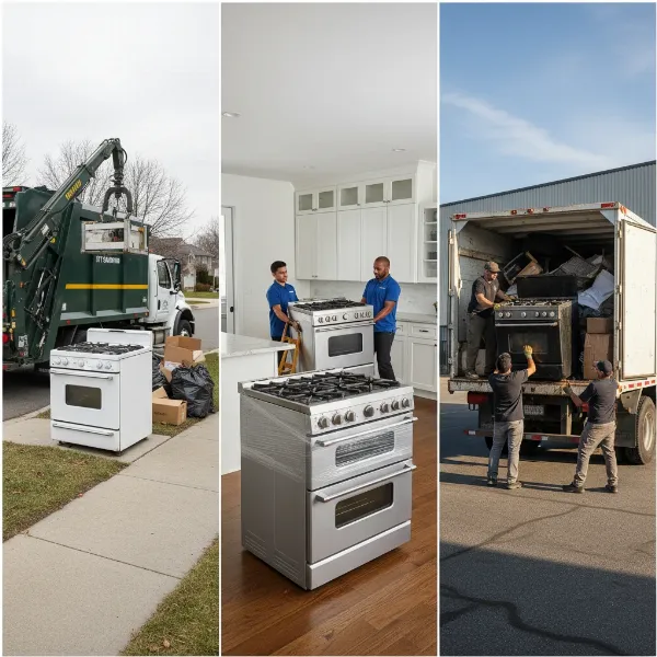 Various options for old electric stove removal: bulky waste pickup, retailer haul-away, and professional junk removal depicted as distinct services.