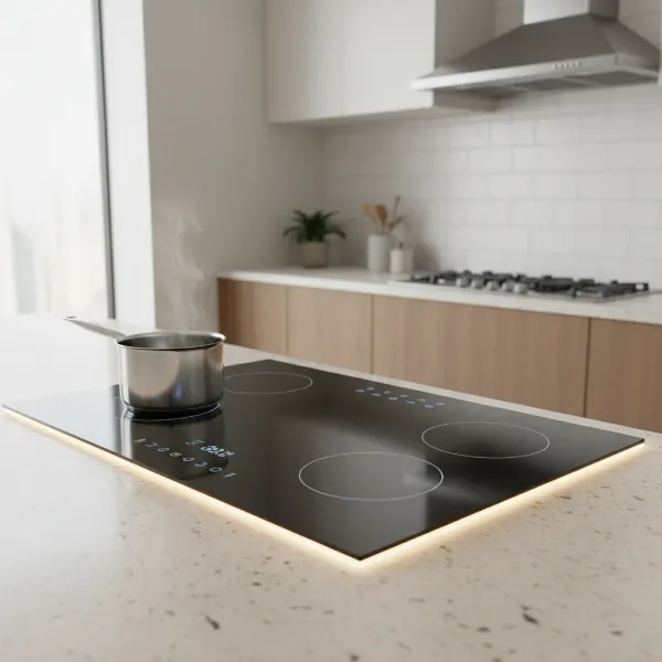 A close-up of the Samsung Bespoke Smart Induction Cooktop's sleek design and digital touchscreen control panel.