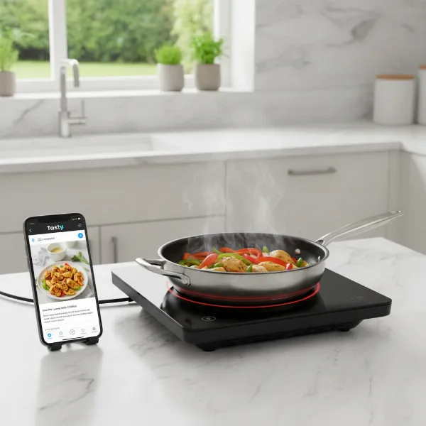 A sleek Tasty One Top smart induction cooktop with a smartphone displaying the Tasty app and a pan cooking food on it.