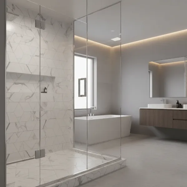 Elegant tempered glass shower door in a modern bathroom emphasizing safety and clear design.