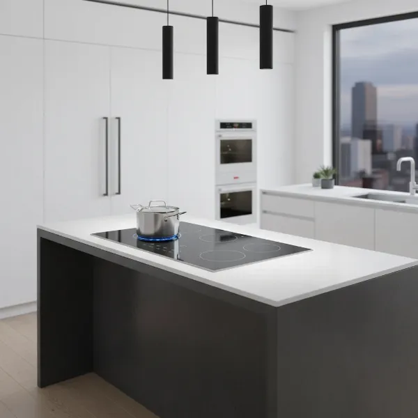 A Whirlpool 30-inch induction cooktop seamlessly integrated into a modern kitchen countertop