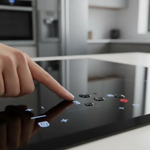 Close-up of a finger carefully touching a Whirlpool induction cooktop's sensitive control panel, possibly illustrating its responsiveness or sensitivity to moisture